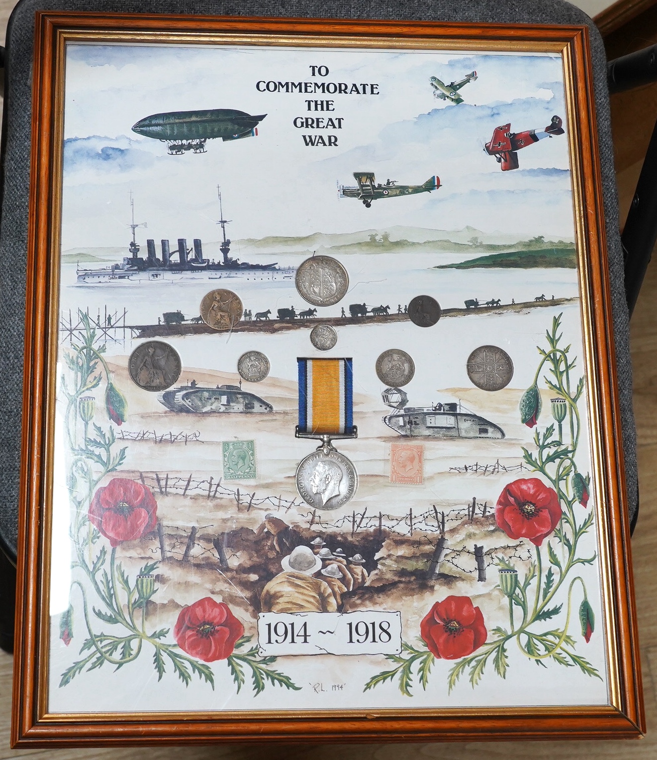 Two framed sets of coins, stamps, a bank note and medal ‘To Commemorate the Great War’ and ‘Commemorating the 50th Anniversary of World War II’. Condition - varies